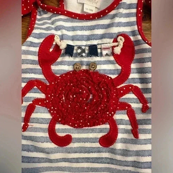 Mud Pie Crab Applique Blue Stripe Sleeveless top and red pants - Picture 5 of 12